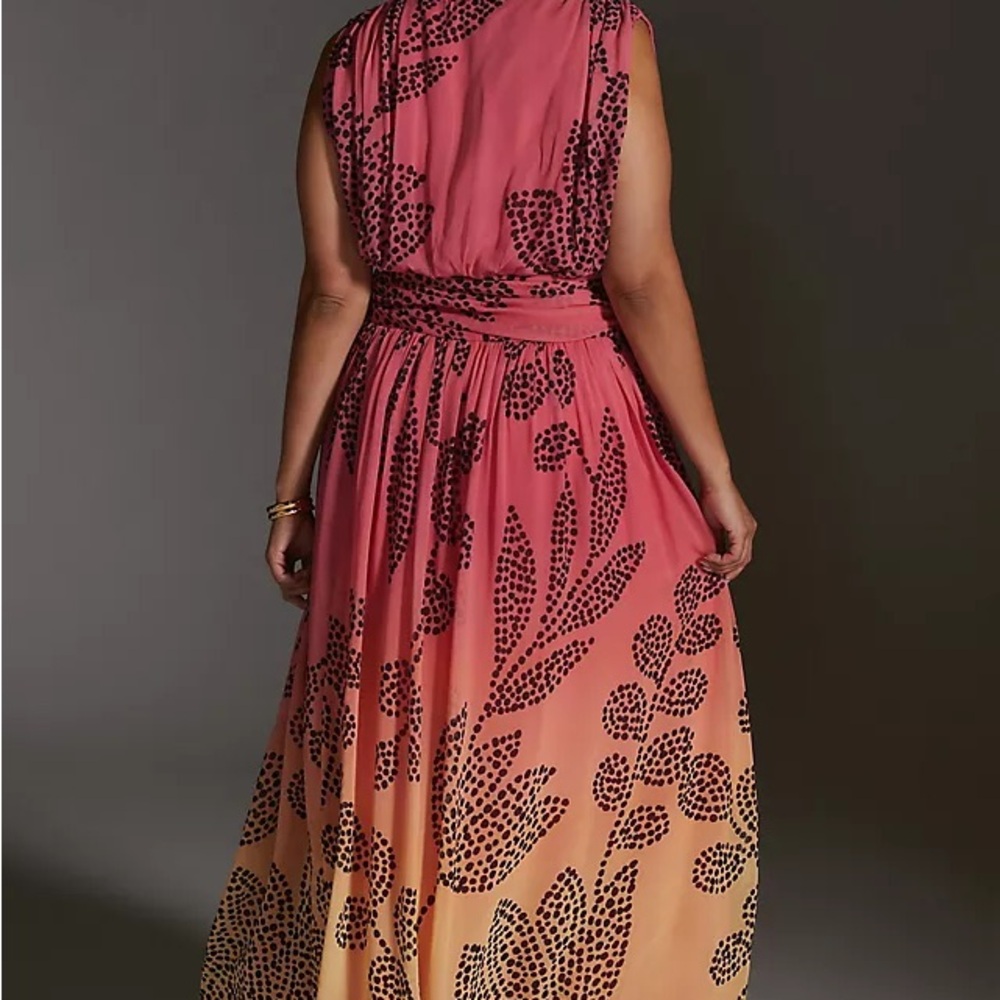 Anthropologie V-Neck Ombre Pink & Yellow Printed Chiffon Maxi Dress Sz L Lined - Picture 2 of 13